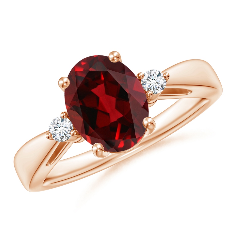 9x7mm AAAA Tapered Shank Garnet Solitaire Ring with Diamond Accents in Rose Gold 