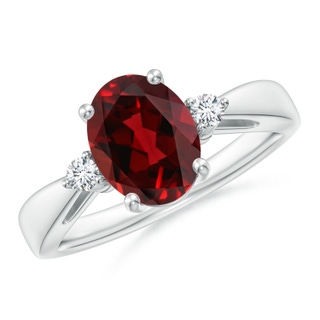9x7mm AAAA Tapered Shank Garnet Solitaire Ring with Diamond Accents in White Gold
