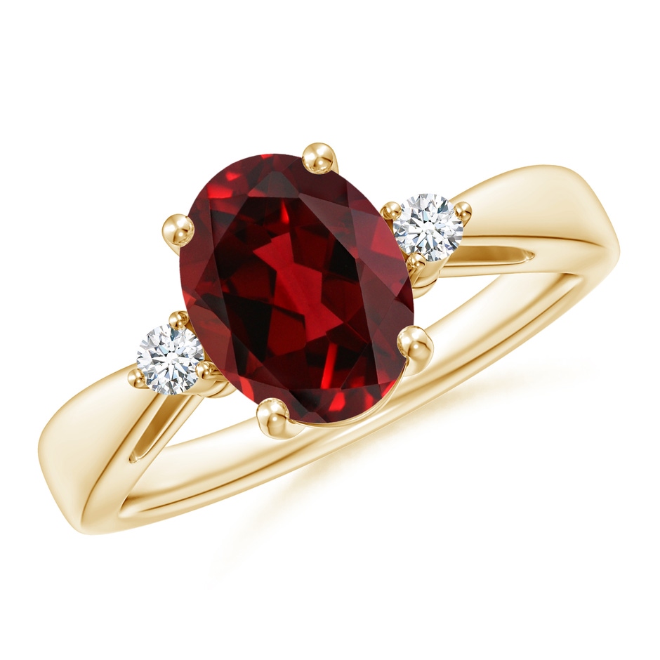 9x7mm AAAA Tapered Shank Garnet Solitaire Ring with Diamond Accents in Yellow Gold 