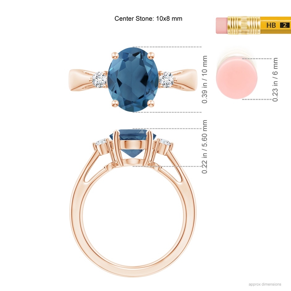 10x8mm A Tapered Shank London Blue Topaz Ring with Diamond Accents in 18K Rose Gold ruler