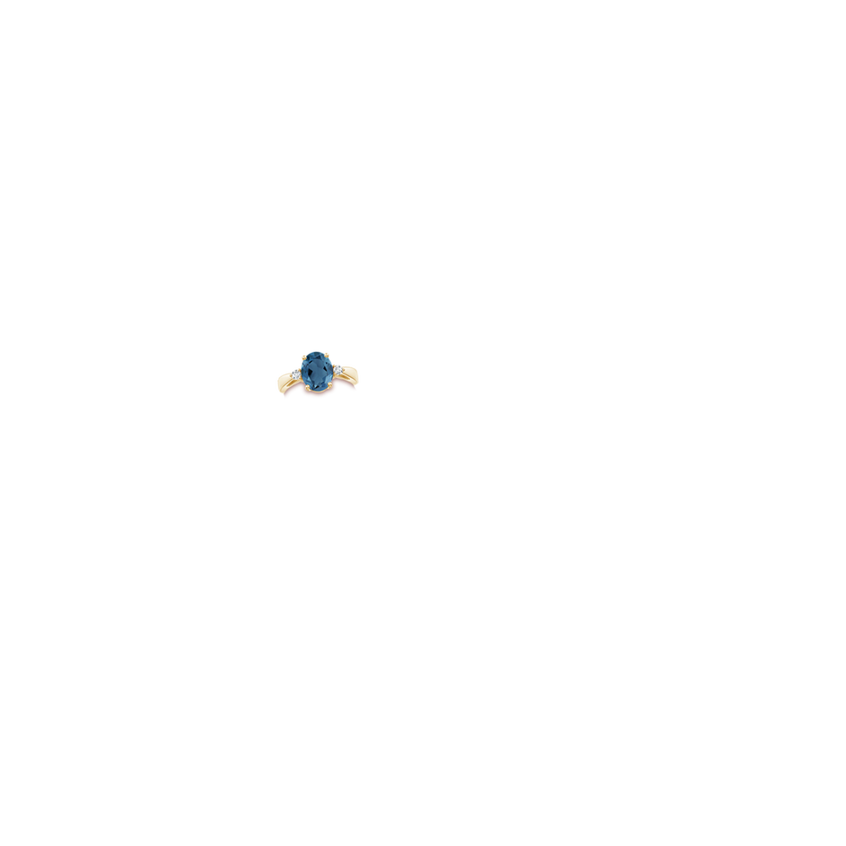 10x8mm A Tapered Shank London Blue Topaz Ring with Diamond Accents in 18K Yellow Gold hand