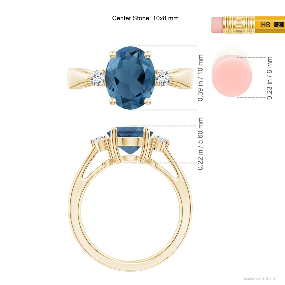 10x8mm A Tapered Shank London Blue Topaz Ring with Diamond Accents in 18K Yellow Gold ruler