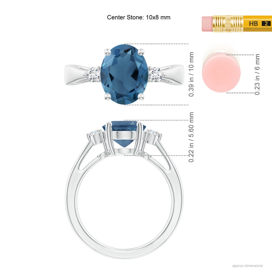 10x8mm A Tapered Shank London Blue Topaz Ring with Diamond Accents in White Gold ruler