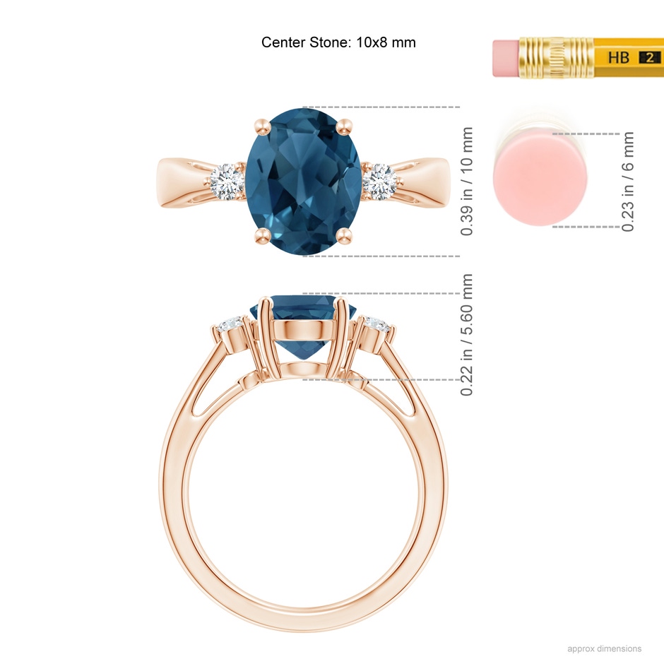 10x8mm AA Tapered Shank London Blue Topaz Ring with Diamond Accents in Rose Gold ruler