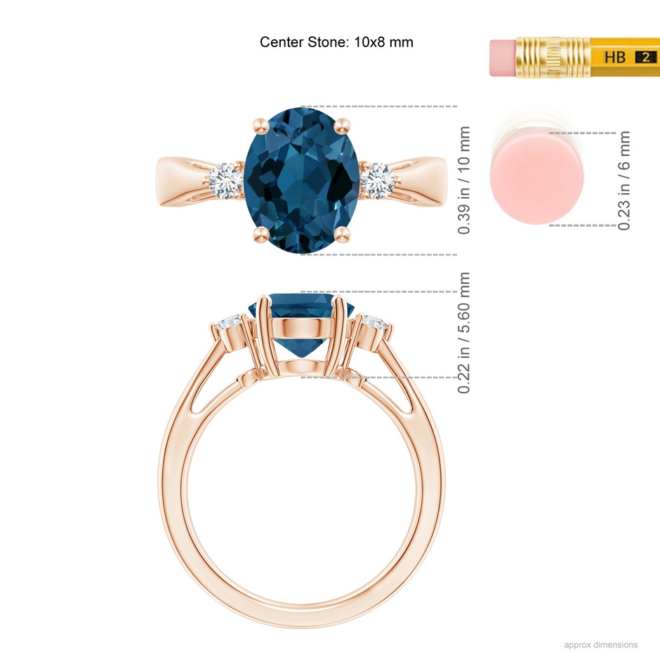 10x8mm AAA Tapered Shank London Blue Topaz Ring with Diamond Accents in Rose Gold ruler