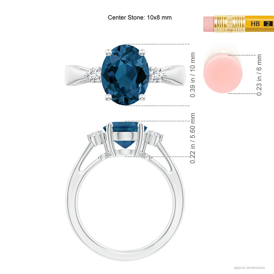 10x8mm AAA Tapered Shank London Blue Topaz Ring with Diamond Accents in S999 Silver ruler