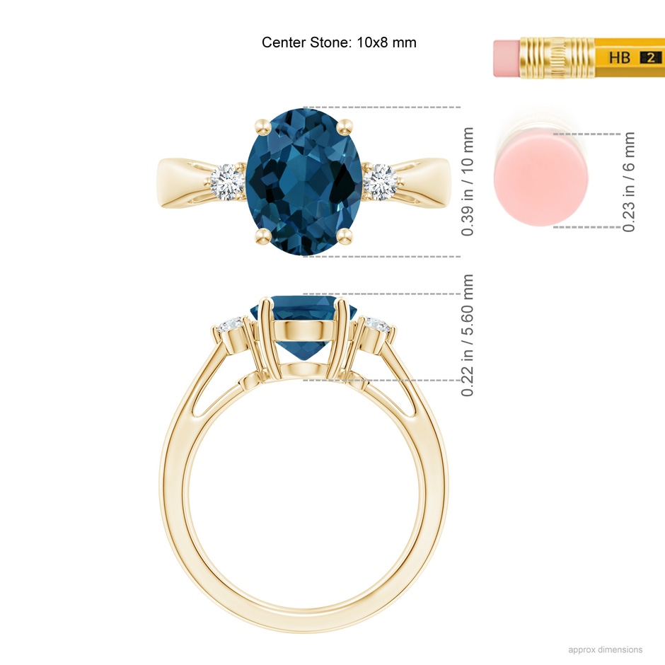 10x8mm AAA Tapered Shank London Blue Topaz Ring with Diamond Accents in Yellow Gold ruler