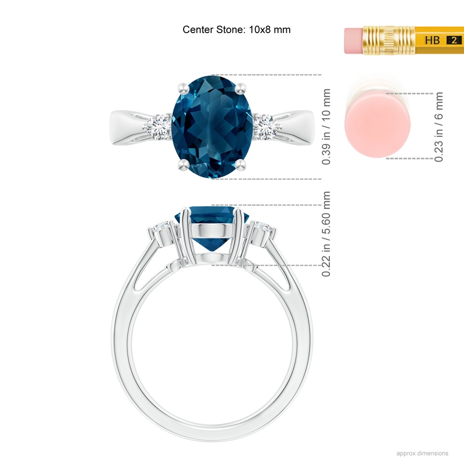 10x8mm AAAA Tapered Shank London Blue Topaz Ring with Diamond Accents in 18K White Gold ruler