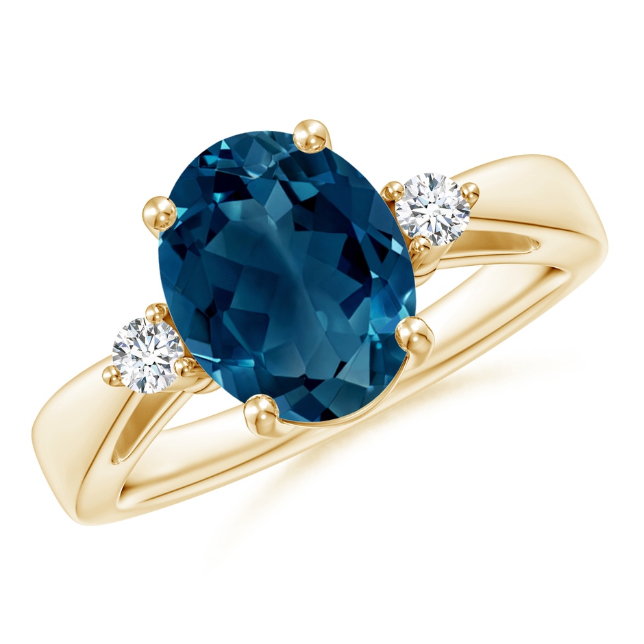 10x8mm AAAA Tapered Shank London Blue Topaz Ring with Diamond Accents in 18K Yellow Gold 