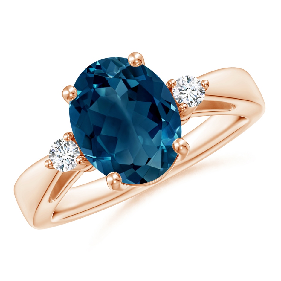 10x8mm AAAA Tapered Shank London Blue Topaz Ring with Diamond Accents in Rose Gold 