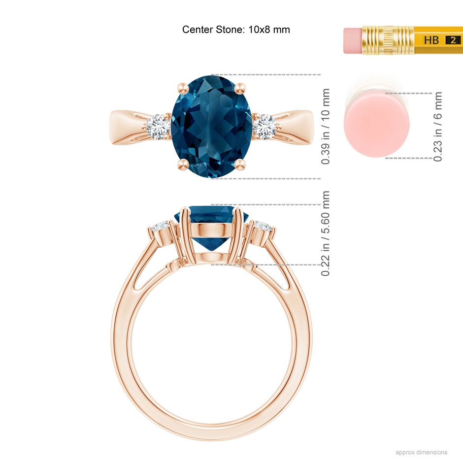 10x8mm AAAA Tapered Shank London Blue Topaz Ring with Diamond Accents in Rose Gold ruler