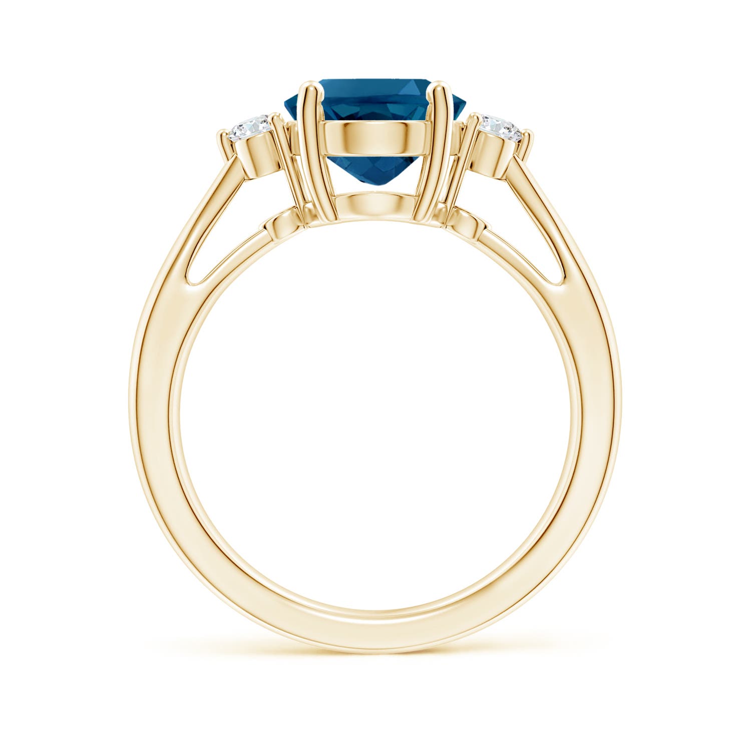 10x8mm AAAA Tapered Shank London Blue Topaz Ring with Diamond Accents in Yellow Gold