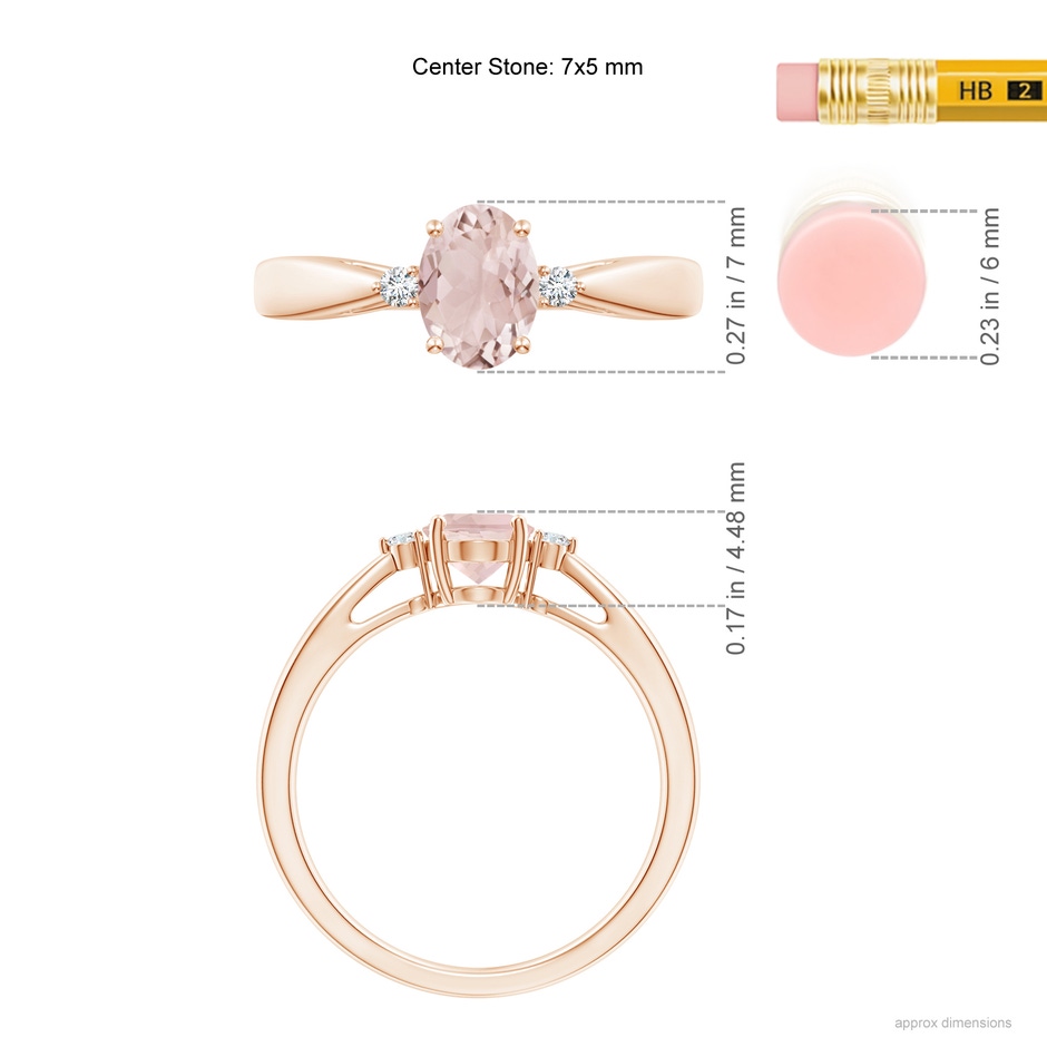 7x5mm A Tapered Shank Morganite Solitaire Ring with Diamond Accents in Rose Gold ruler