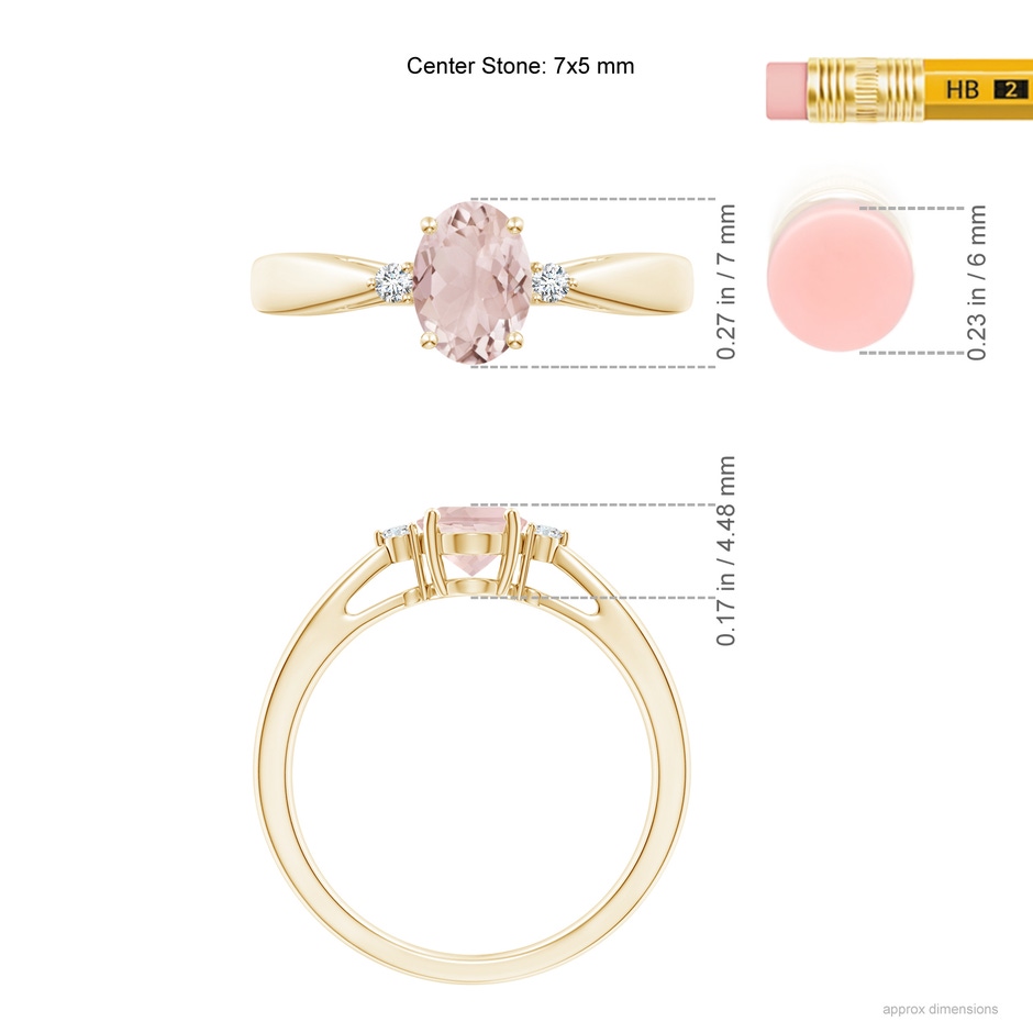 7x5mm A Tapered Shank Morganite Solitaire Ring with Diamond Accents in Yellow Gold ruler