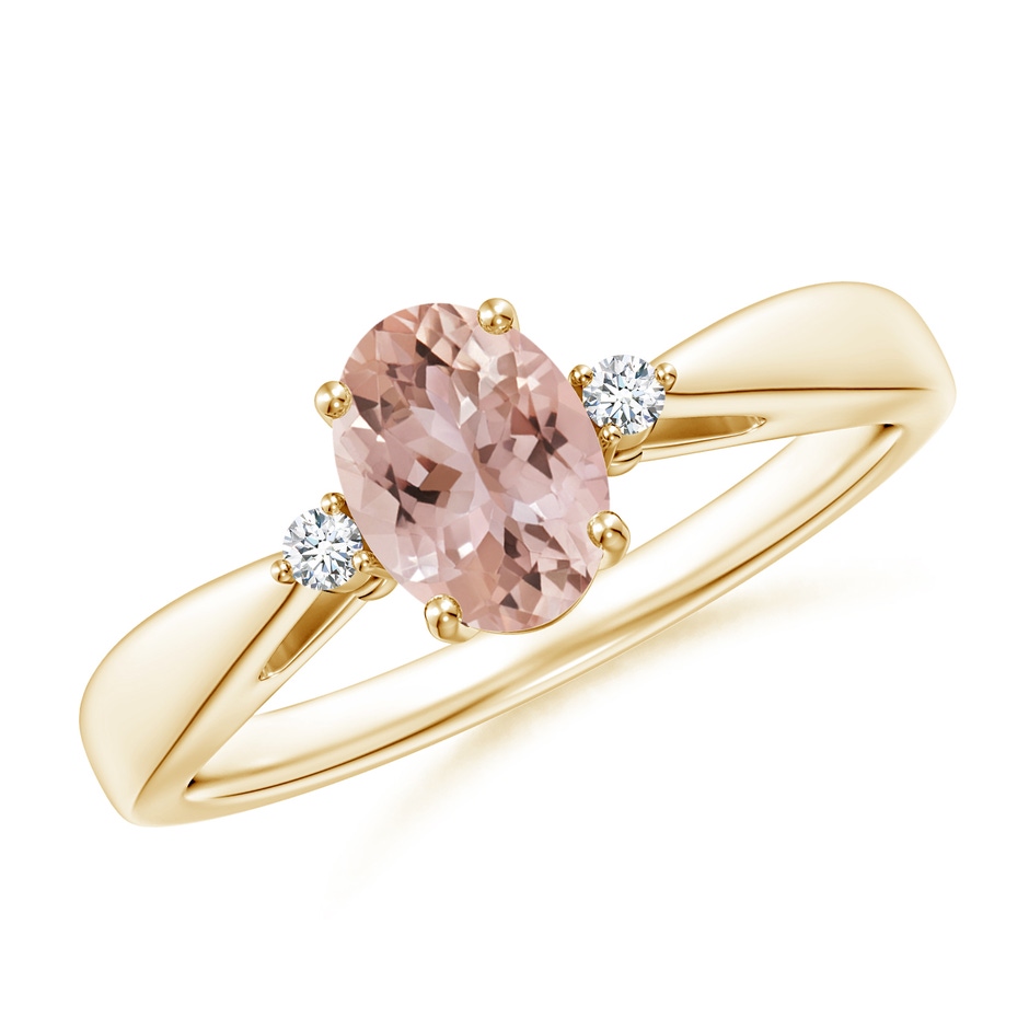 7x5mm AAA Tapered Shank Morganite Solitaire Ring with Diamond Accents in Yellow Gold 