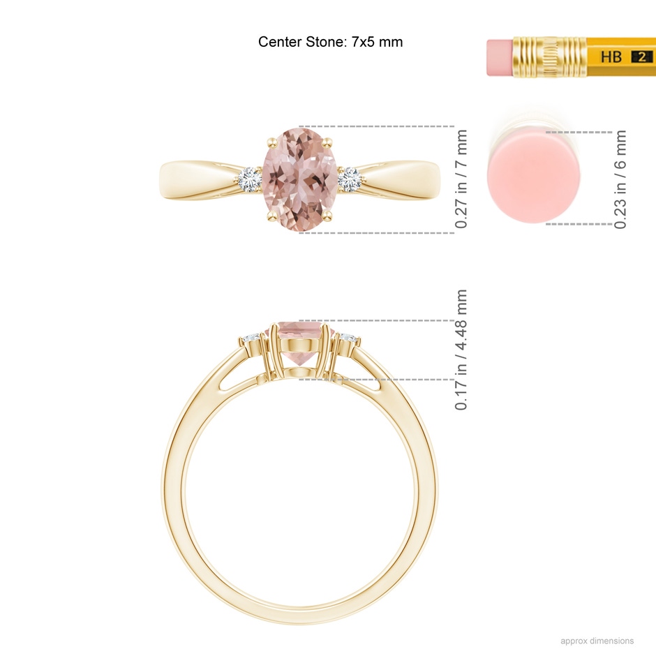 7x5mm AAA Tapered Shank Morganite Solitaire Ring with Diamond Accents in Yellow Gold ruler