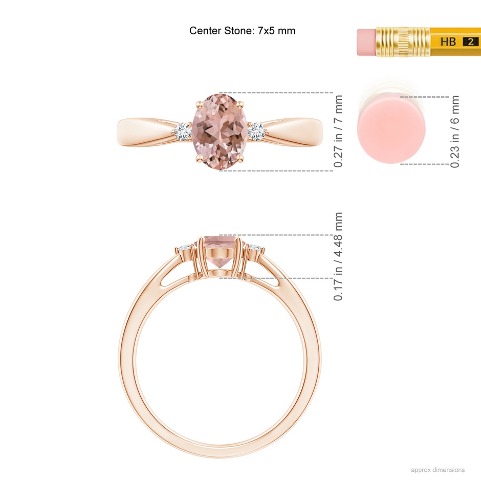 7x5mm AAAA Tapered Shank Morganite Solitaire Ring with Diamond Accents in Rose Gold ruler