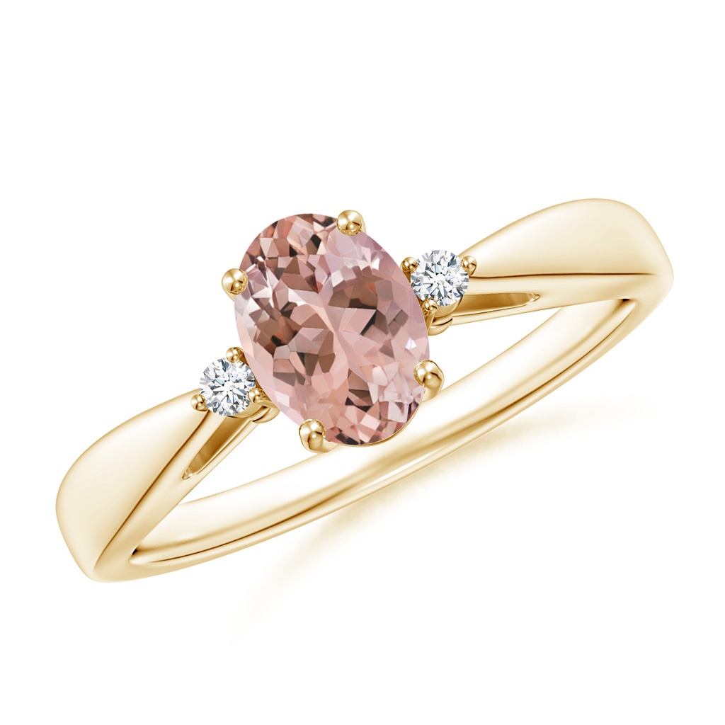 7x5mm AAAA Tapered Shank Morganite Solitaire Ring with Diamond Accents in Yellow Gold