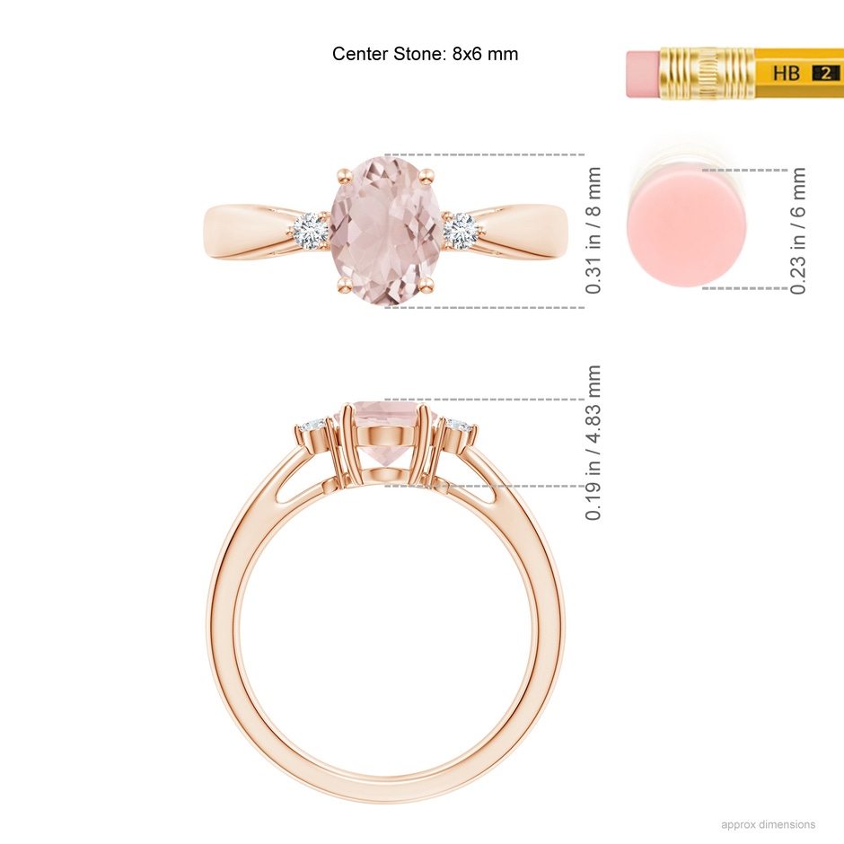 8x6mm A Tapered Shank Morganite Solitaire Ring with Diamond Accents in Rose Gold ruler