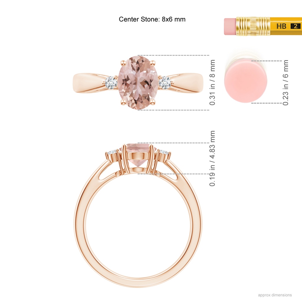 8x6mm AAA Tapered Shank Morganite Solitaire Ring with Diamond Accents in Rose Gold ruler