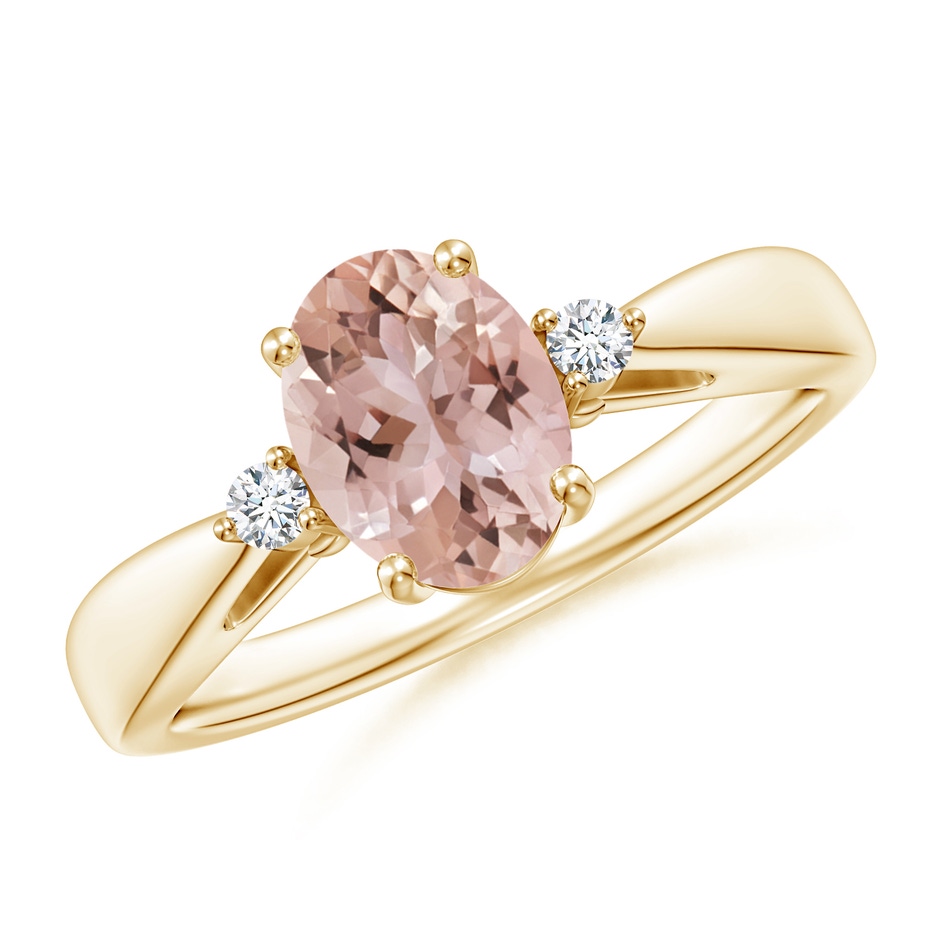 8x6mm AAA Tapered Shank Morganite Solitaire Ring with Diamond Accents in Yellow Gold 