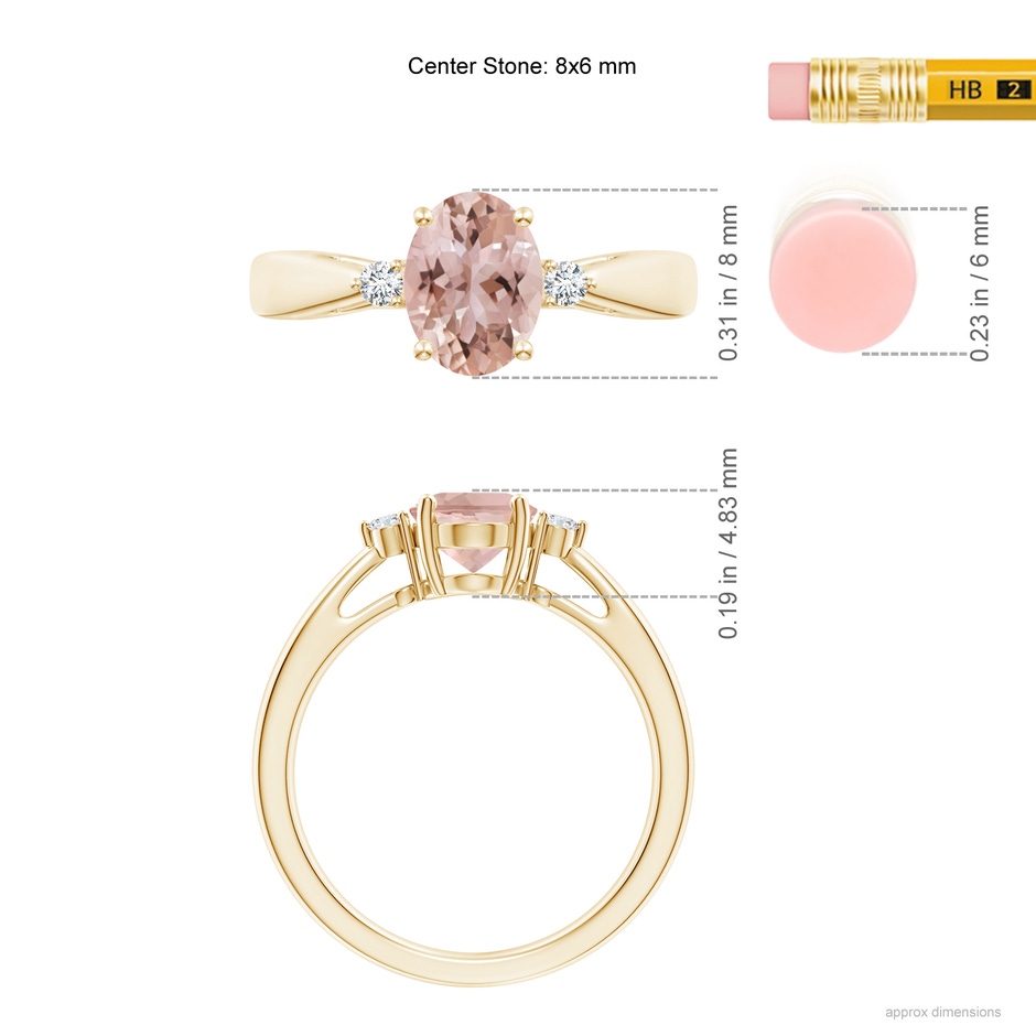 8x6mm AAA Tapered Shank Morganite Solitaire Ring with Diamond Accents in Yellow Gold ruler