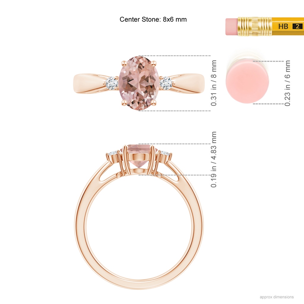 8x6mm AAAA Tapered Shank Morganite Solitaire Ring with Diamond Accents in Rose Gold ruler