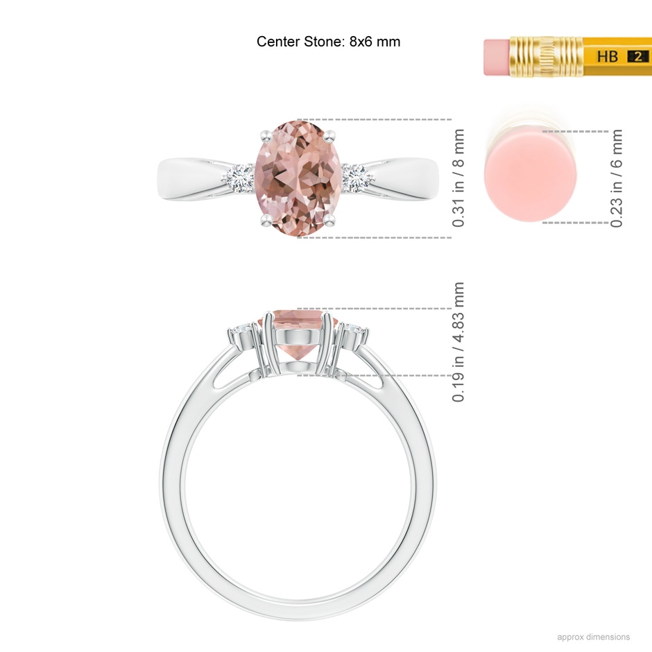 8x6mm AAAA Tapered Shank Morganite Solitaire Ring with Diamond Accents in White Gold ruler