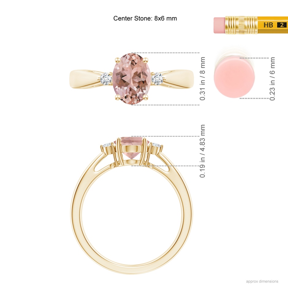 8x6mm AAAA Tapered Shank Morganite Solitaire Ring with Diamond Accents in Yellow Gold ruler