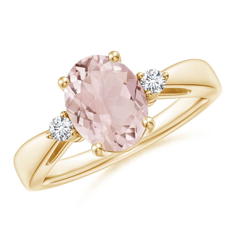 9x7mm A Tapered Shank Morganite Solitaire Ring with Diamond Accents in Yellow Gold 