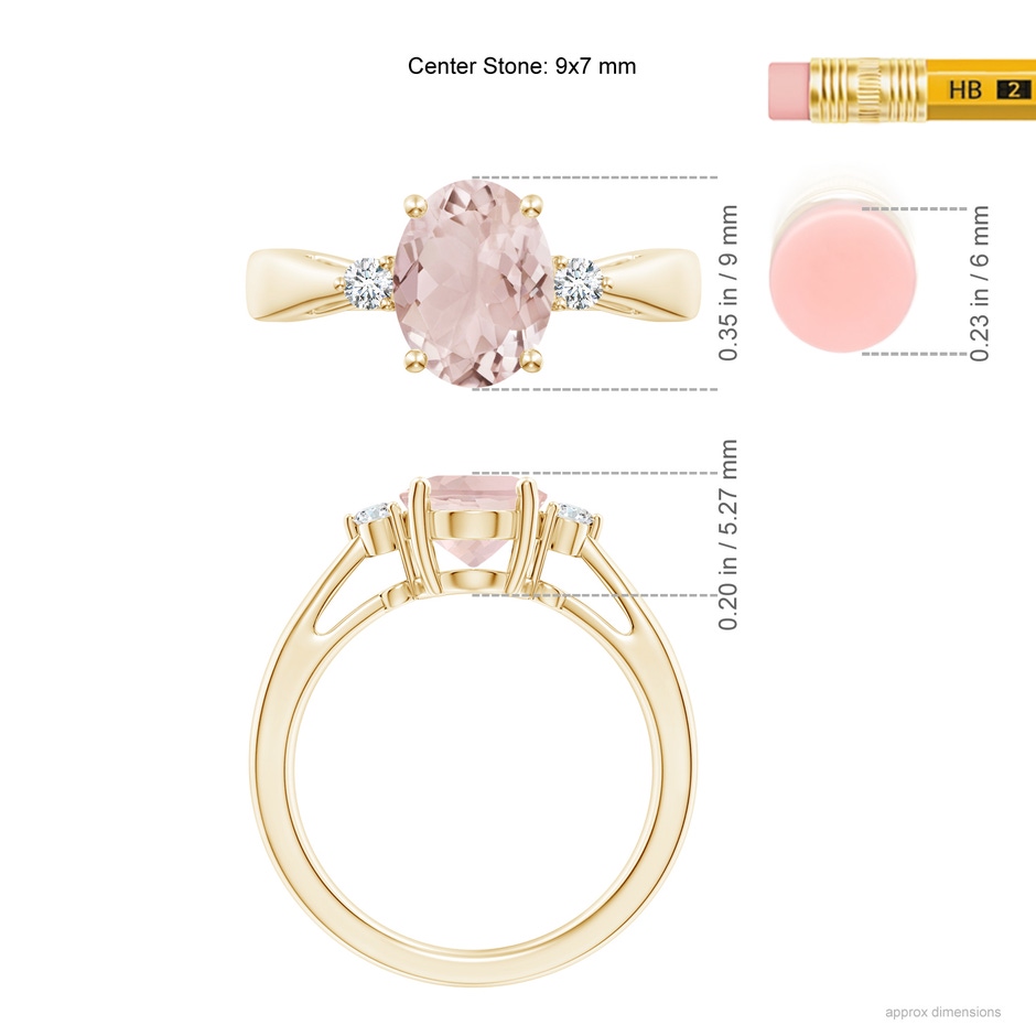 9x7mm A Tapered Shank Morganite Solitaire Ring with Diamond Accents in Yellow Gold ruler