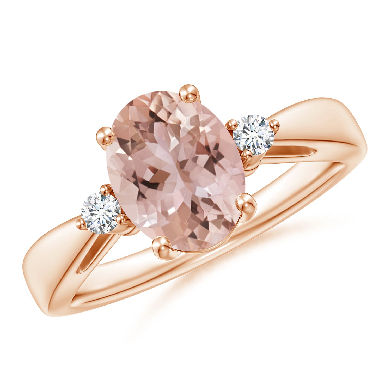 9x7mm AAA Tapered Shank Morganite Solitaire Ring with Diamond Accents in 18K Rose Gold