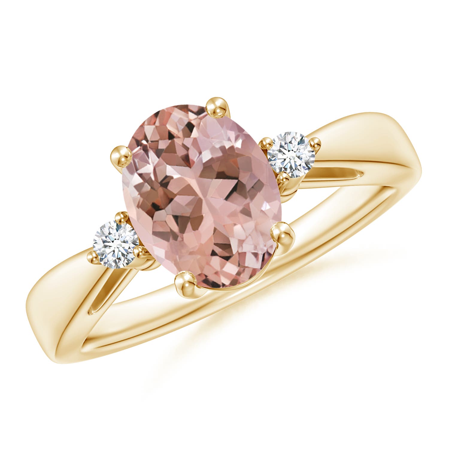 9x7mm AAAA Tapered Shank Morganite Solitaire Ring with Diamond Accents in 18CT Yellow Gold