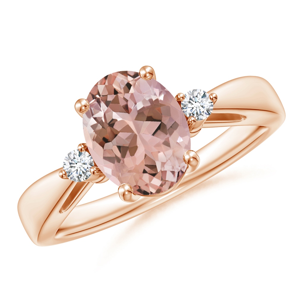 9x7mm AAAA Tapered Shank Morganite Solitaire Ring with Diamond Accents in Rose Gold