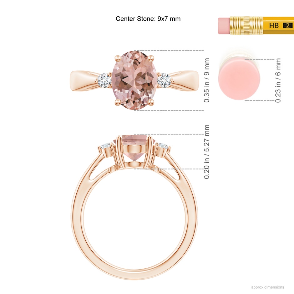 9x7mm AAAA Tapered Shank Morganite Solitaire Ring with Diamond Accents in Rose Gold ruler