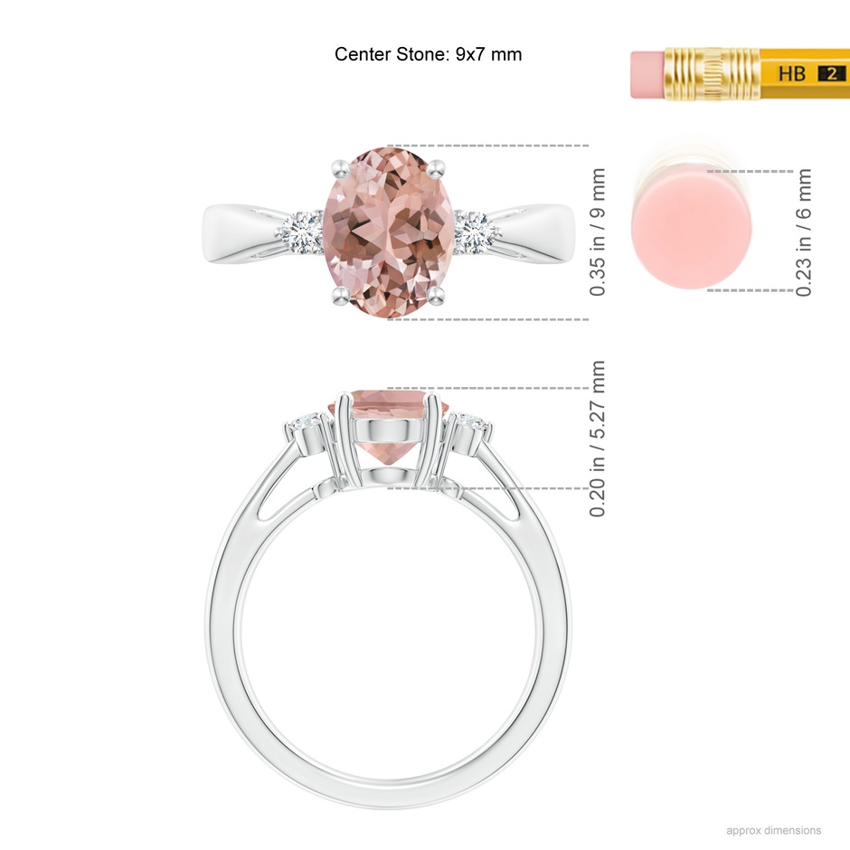 9x7mm AAAA Tapered Shank Morganite Solitaire Ring with Diamond Accents in White Gold ruler