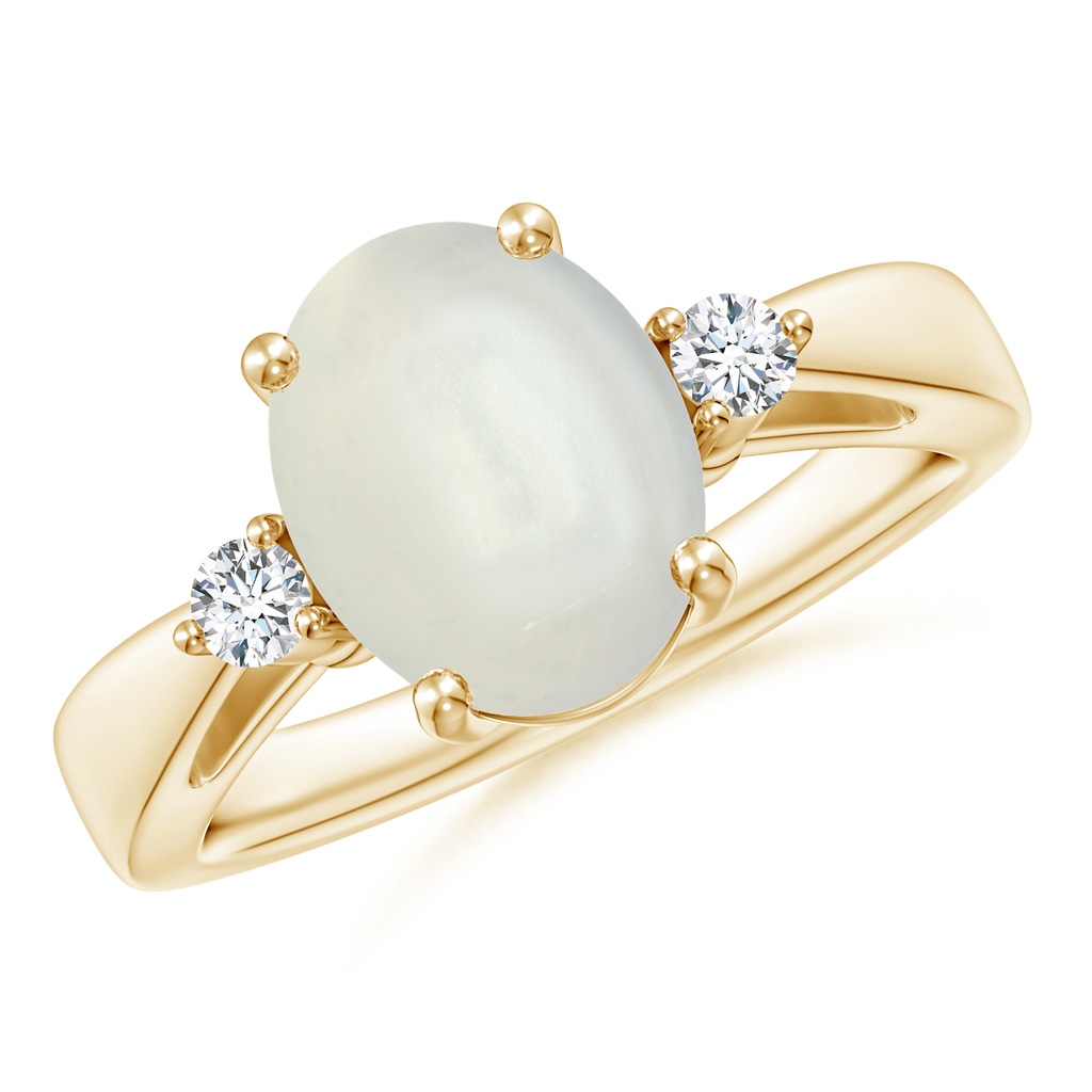 10x8mm AAAA Tapered Shank Moonstone Solitaire Ring with Diamond Accents in Yellow Gold