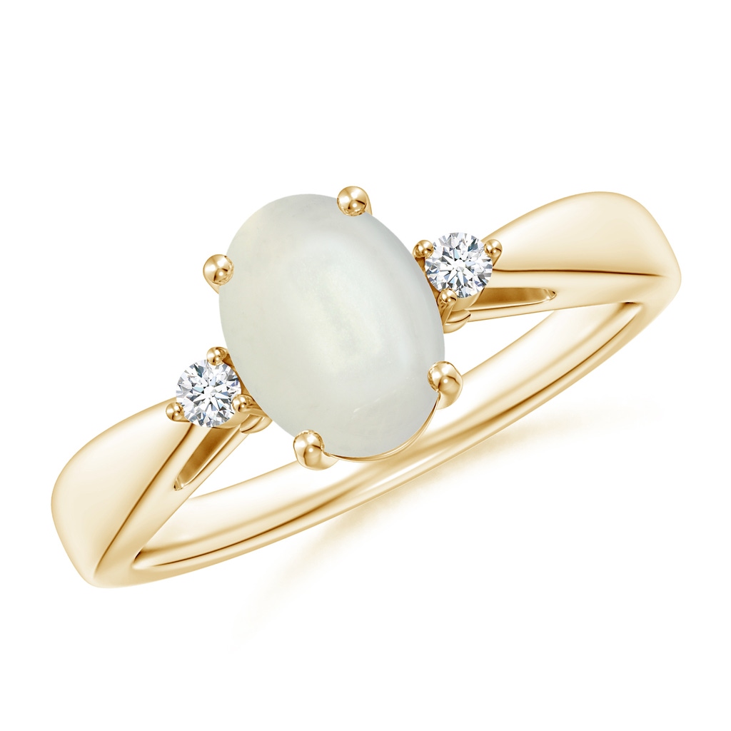 8x6mm AAAA Tapered Shank Moonstone Solitaire Ring with Diamond Accents in Yellow Gold