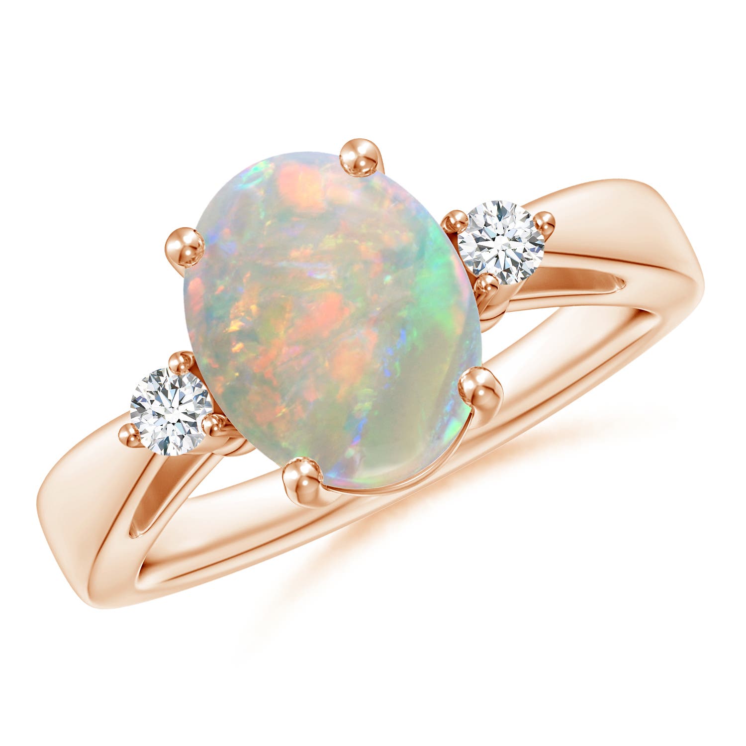10x8mm AAAA Tapered Shank Opal Solitaire Ring with Diamond Accents in 18CT Rose Gold