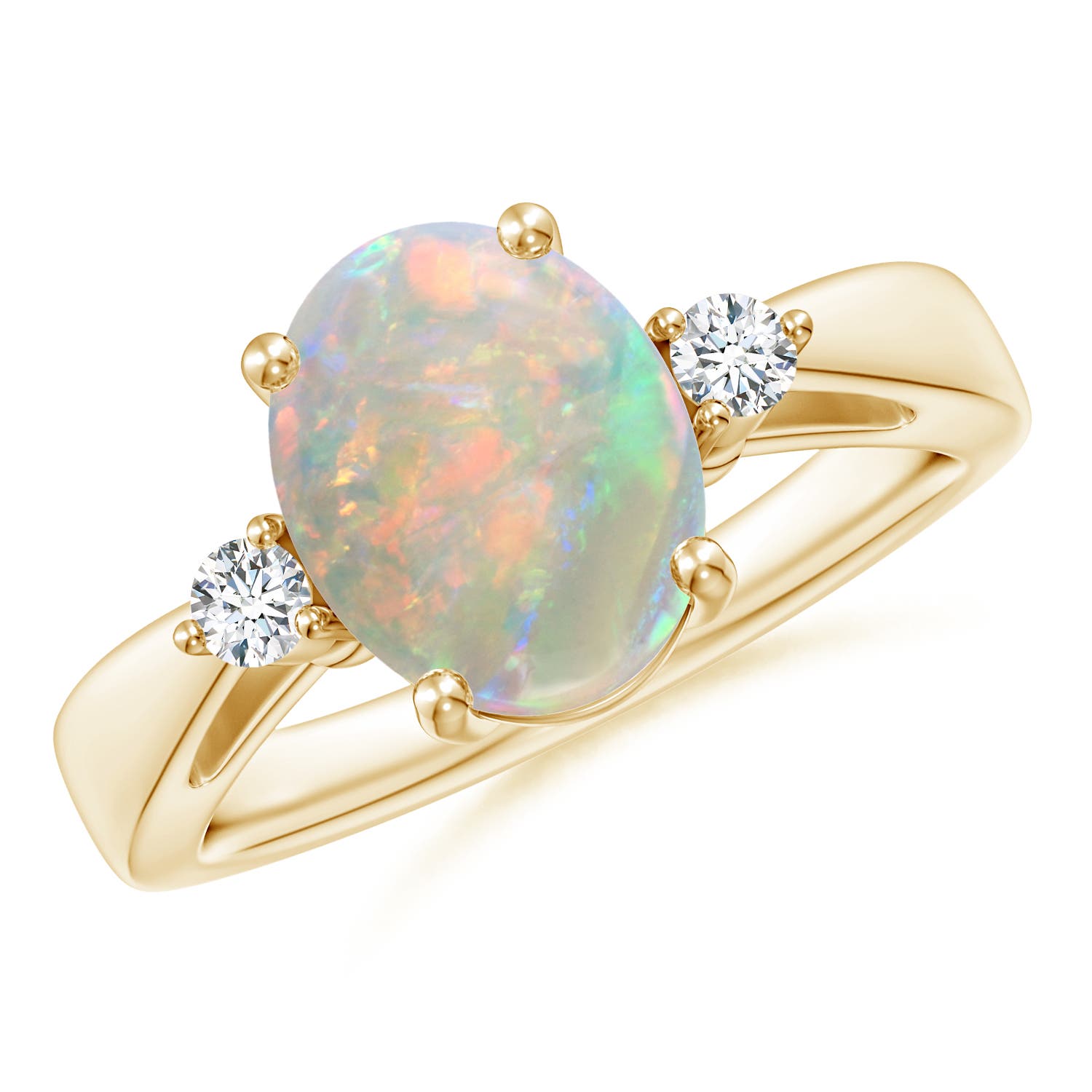 10x8mm AAAA Tapered Shank Opal Solitaire Ring with Diamond Accents in 18CT Yellow Gold