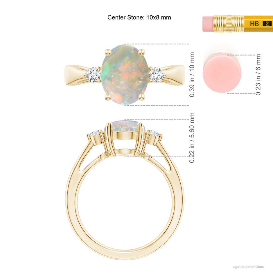 10x8mm AAAA Tapered Shank Opal Solitaire Ring with Diamond Accents in 18K Yellow Gold ruler