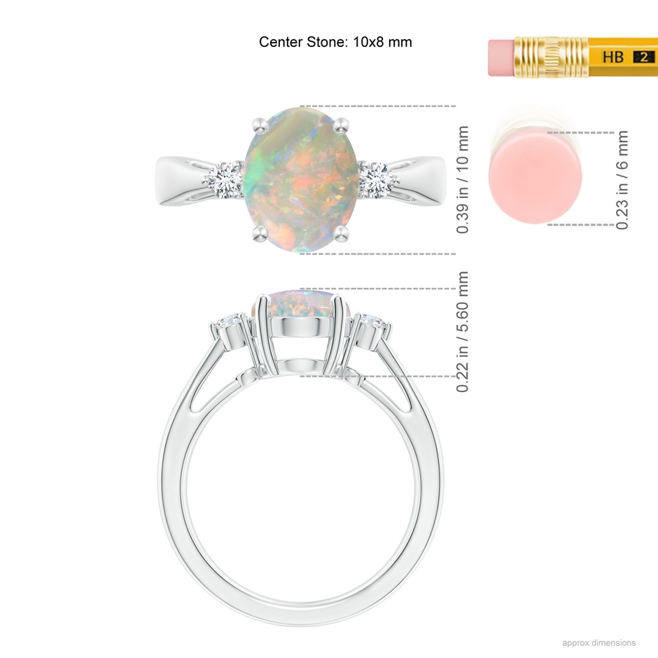 10x8mm AAAA Tapered Shank Opal Solitaire Ring with Diamond Accents in 9K White Gold ruler