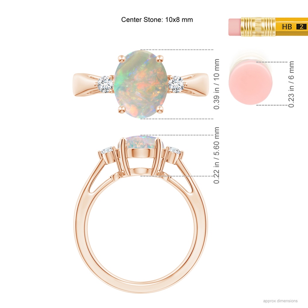 10x8mm AAAA Tapered Shank Opal Solitaire Ring with Diamond Accents in Rose Gold Ruler