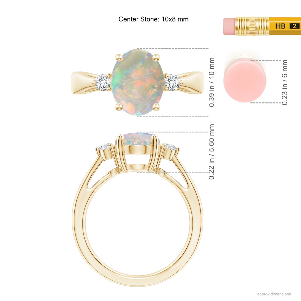 10x8mm AAAA Tapered Shank Opal Solitaire Ring with Diamond Accents in Yellow Gold Ruler