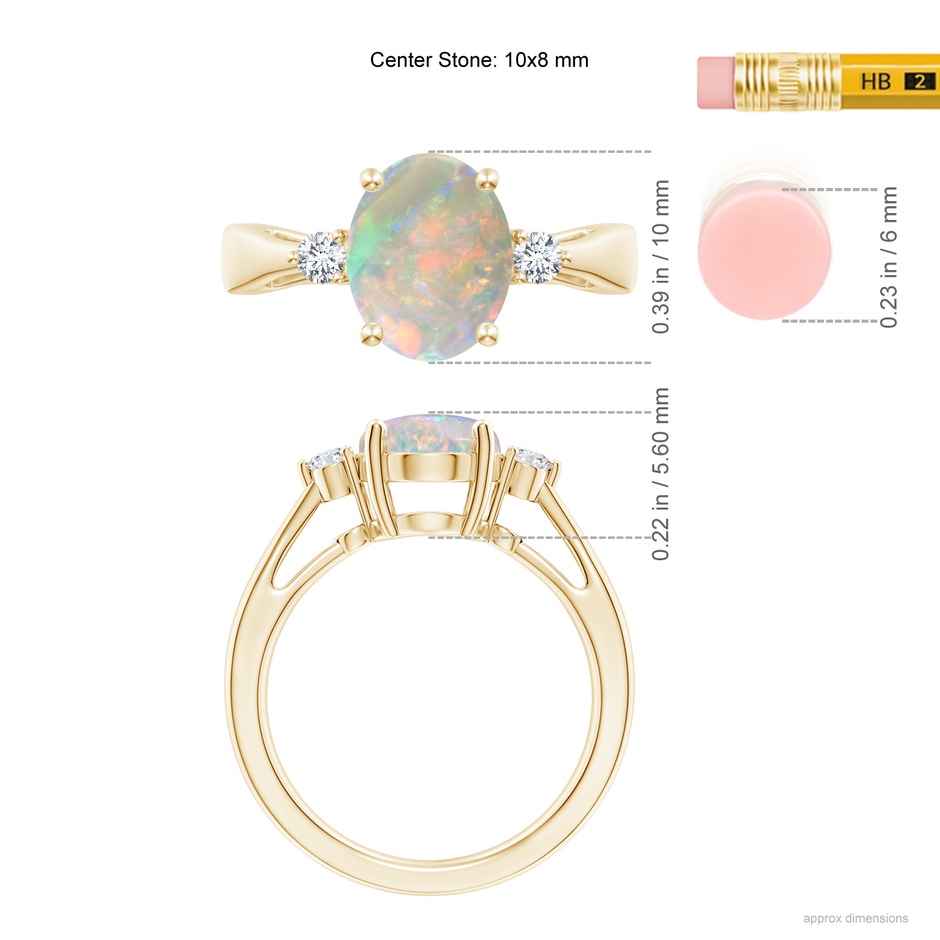 10x8mm AAAA Tapered Shank Opal Solitaire Ring with Diamond Accents in Yellow Gold ruler