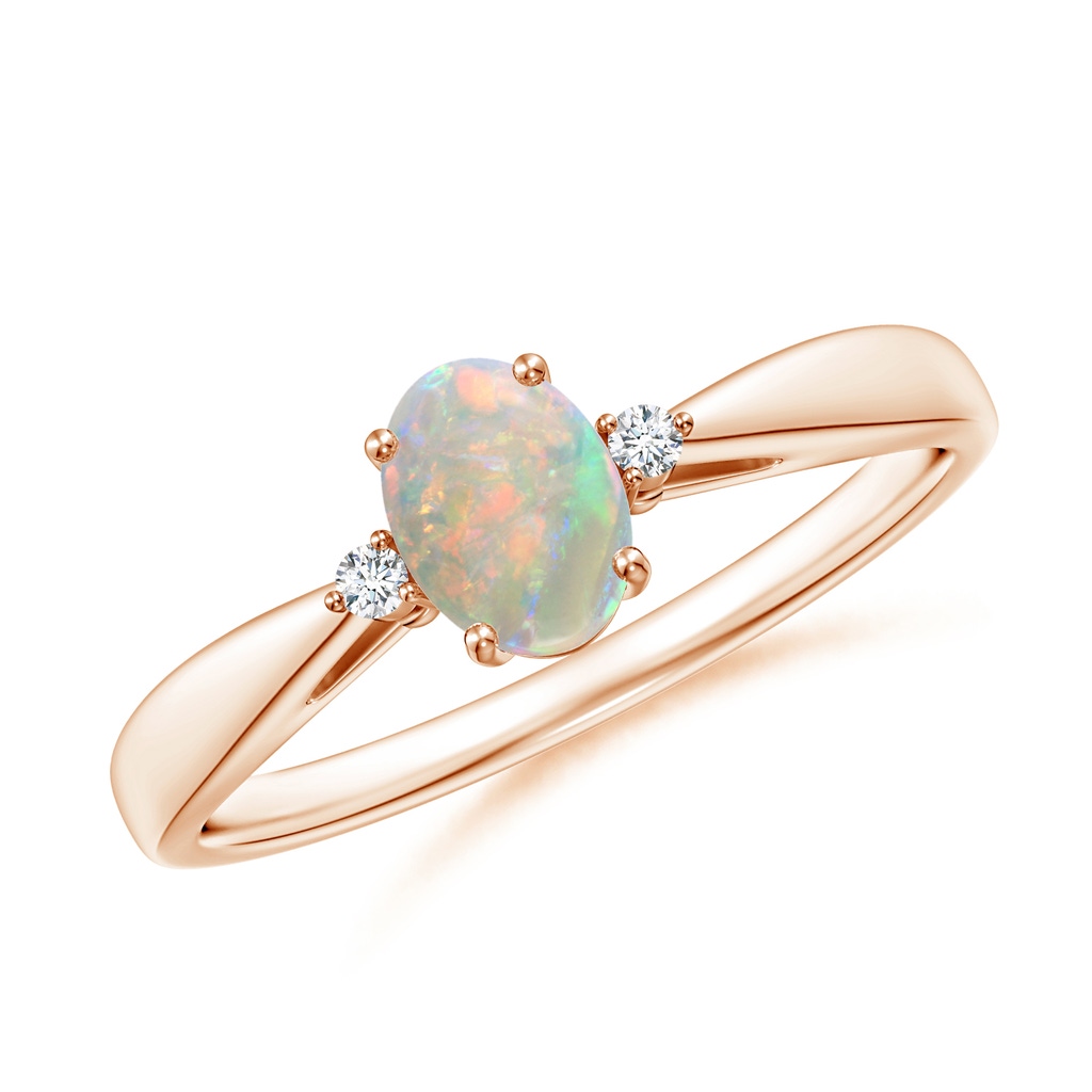 6x4mm AAAA Tapered Shank Opal Solitaire Ring with Diamond Accents in 9K Rose Gold