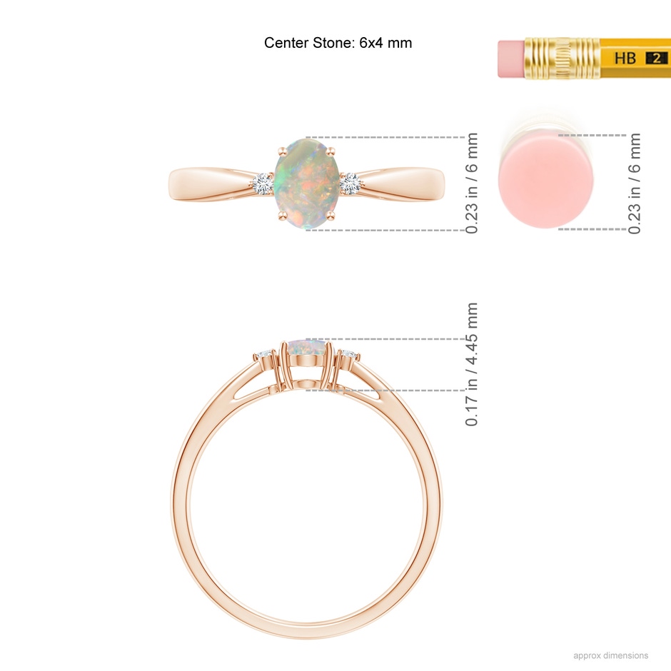 6x4mm AAAA Tapered Shank Opal Solitaire Ring with Diamond Accents in 9K Rose Gold ruler