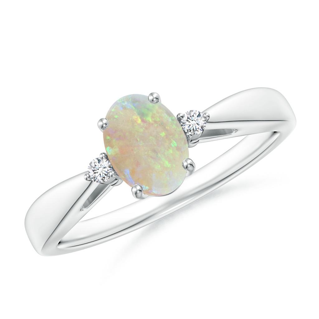 7x5mm AAA Tapered Shank Opal Solitaire Ring with Diamond Accents in 10K White Gold