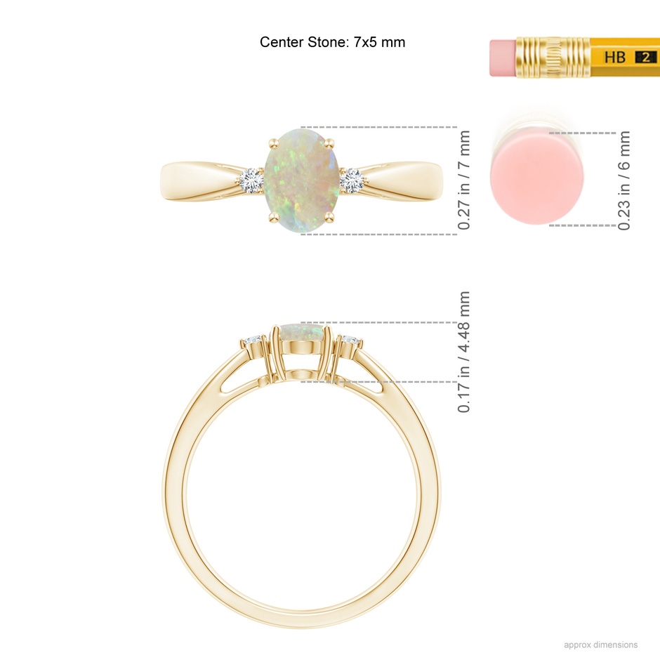 7x5mm AAA Tapered Shank Opal Solitaire Ring with Diamond Accents in Yellow Gold ruler