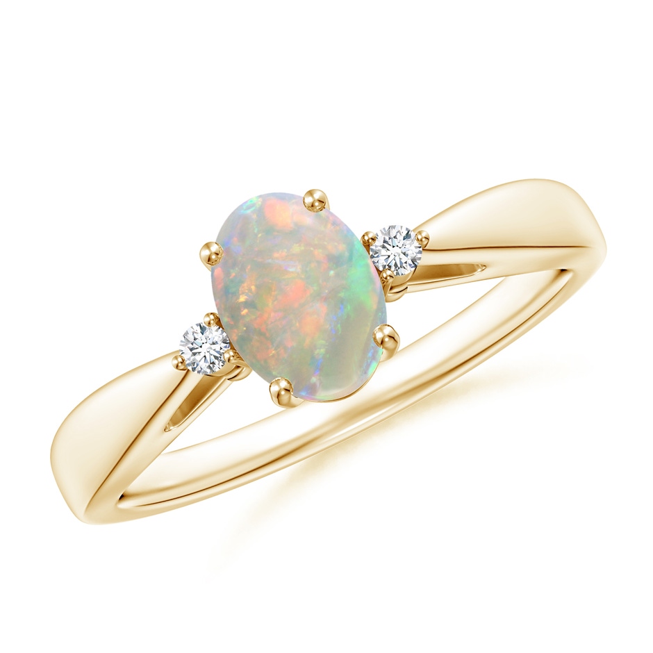 7x5mm AAAA Tapered Shank Opal Solitaire Ring with Diamond Accents in Yellow Gold 